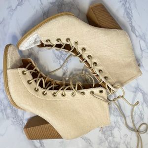 Velvet Front Lace Open Toed  Heels EUC